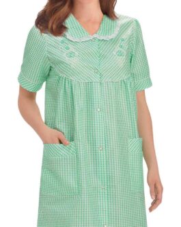 Collections Etc Gingham Robe with Floral Accents, Snap-Front Closure and Lace Trim