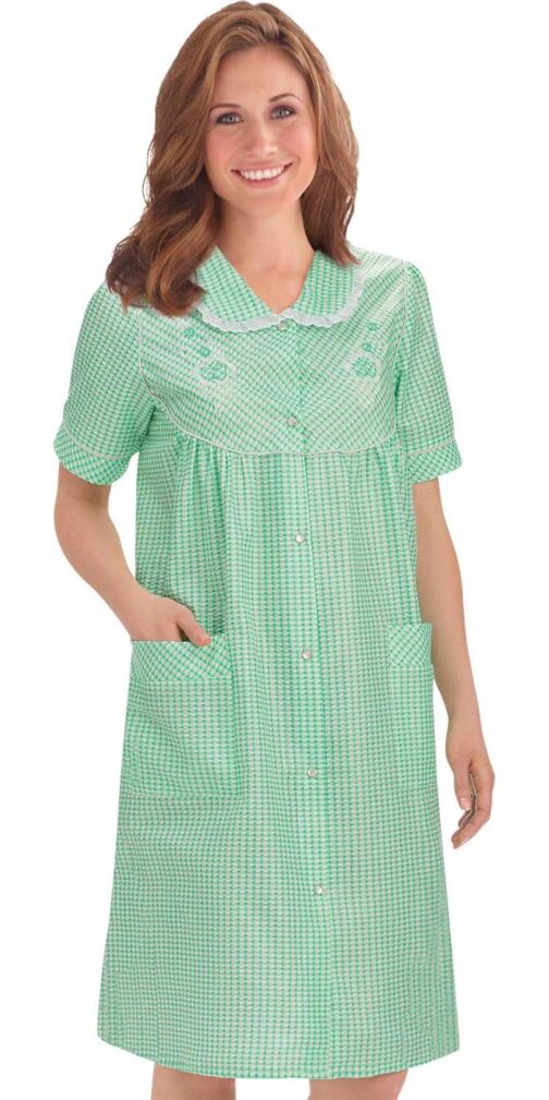 Collections Etc Gingham Robe with Floral Accents, Snap-Front Closure and Lace Trim - Image 2
