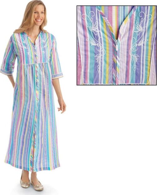 Collections Etc Pastel Striped Lounger with Zip Front and 3/4  Long Sleeves - Image 3