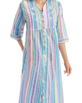 Collections Etc Pastel Striped Lounger with Zip Front and 3/4  Long Sleeves