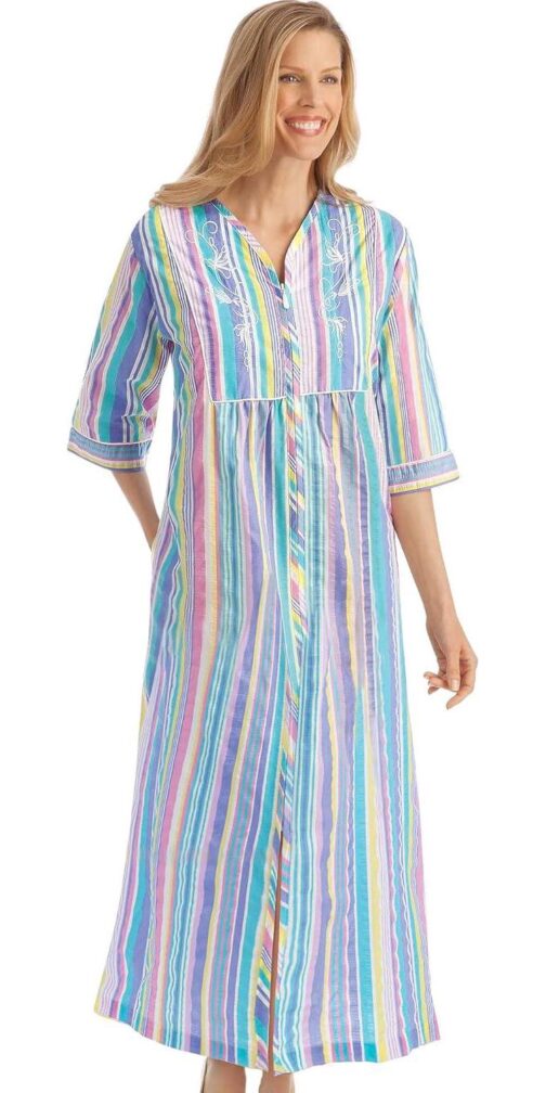 Collections Etc Pastel Striped Lounger with Zip Front and 3/4  Long Sleeves - Image 2