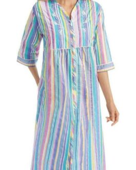 Collections Etc Pastel Striped Lounger with Zip Front and 3/4  Long Sleeves