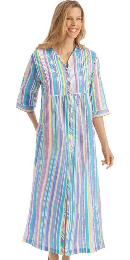 Collections Etc Pastel Striped Lounger with Zip Front and 3/4  Long Sleeves