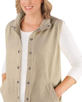 Collections Etc Snap Front and Cinch Back Sleeveless Vest with Front Slant Pockets – Flattering Layering Piece for Outfit