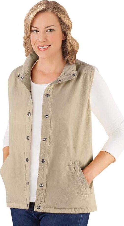 Collections Etc Snap Front and Cinch Back Sleeveless Vest with Front Slant Pockets - Flattering Layering Piece for Outfit