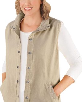 Collections Etc Snap Front and Cinch Back Sleeveless Vest with Front Slant Pockets – Flattering Layering Piece for Outfit