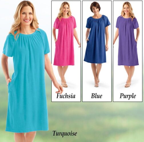 Collections Etc Solid Color Comfort Fit Short-Sleeve Terry Cotton Summer Dress with Side Pockets and Elastic Scooped Neckline - Image 4