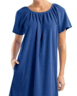Collections Etc Solid Color Comfort Fit Short-Sleeve Terry Cotton Summer Dress with Side Pockets and Elastic Scooped Neckline