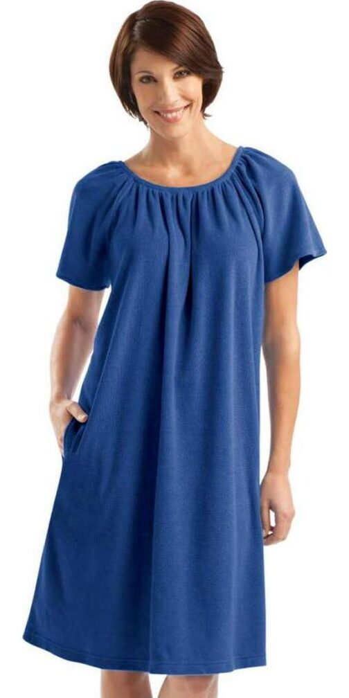 Collections Etc Solid Color Comfort Fit Short-Sleeve Terry Cotton Summer Dress with Side Pockets and Elastic Scooped Neckline