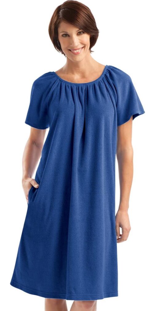 Collections Etc Solid Color Comfort Fit Short-Sleeve Terry Cotton Summer Dress with Side Pockets and Elastic Scooped Neckline - Image 2