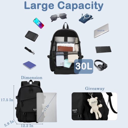 College Laptop Backpack for Men Women 15.6 Elementary Middle High School Book Bag For Teens Girls Boys Anti Theft Travel Backpacks Waterproof Casual Daypack Large Student Bookbags Black-M - Image 3