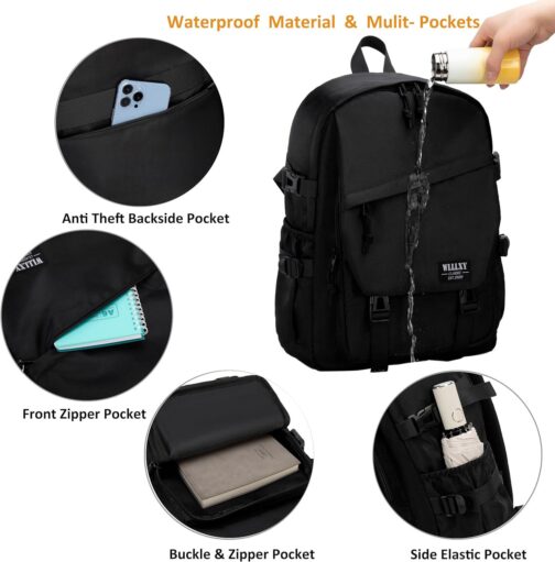 College School Bag for Men Women Laptop Backpack 15.6 Inch Anti Theft Travel Daypack Large Elementary Middle High Bookbags for Teens Girls Boys Students-Medium black - Image 5