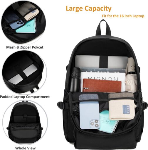 College School Bag for Men Women Laptop Backpack 15.6 Inch Anti Theft Travel Daypack Large Elementary Middle High Bookbags for Teens Girls Boys Students-Medium black - Image 4
