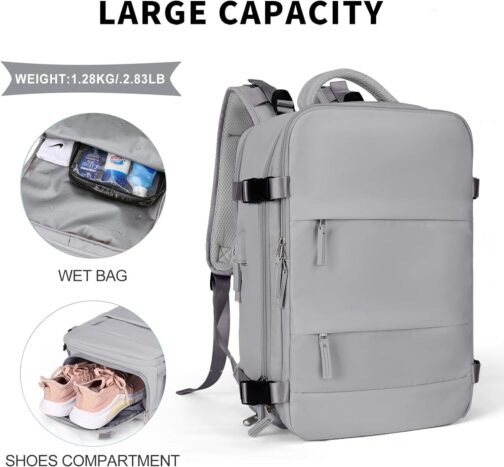 Coowoz Large Travel Backpack For Women Men, Flight Approved, Waterproof Outdoor Sports Rucksack, Casual Daypack, Fit 15.6 Inch Laptop Shoes, Grey - Image 3