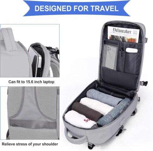 Coowoz Large Travel Backpack For Women Men, Flight Approved, Waterproof Outdoor Sports Rucksack, Casual Daypack, Fit 15.6 Inch Laptop Shoes, Grey - Image 5