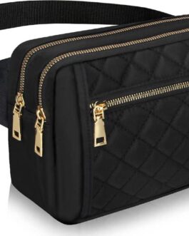 Cute Large Black Fanny Packs for Women Cross Body Waist Bag Nylon Fashionable Fanny Pack Designer Workout Hiking Waist Pack Running Travel Gym Pretty Zipper Fashion Quilted Womens Fanny Pack