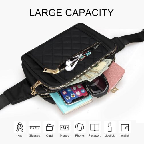 Cute Large Black Fanny Packs for Women Cross Body Waist Bag Nylon Fashionable Fanny Pack Designer Workout Hiking Waist Pack Running Travel Gym Pretty Zipper Fashion Quilted Womens Fanny Pack - Image 7