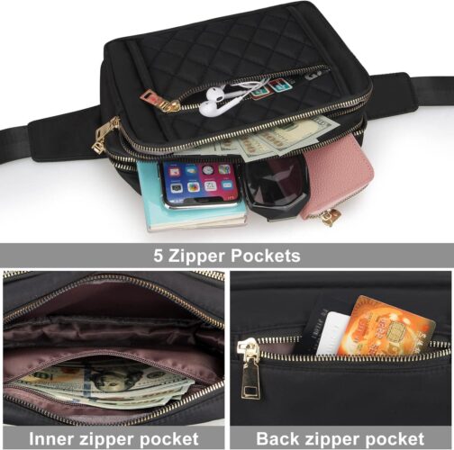 Cute Large Black Fanny Packs for Women Cross Body Waist Bag Nylon Fashionable Fanny Pack Designer Workout Hiking Waist Pack Running Travel Gym Pretty Zipper Fashion Quilted Womens Fanny Pack - Image 4
