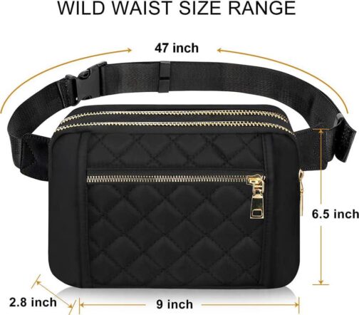Cute Large Black Fanny Packs for Women Cross Body Waist Bag Nylon Fashionable Fanny Pack Designer Workout Hiking Waist Pack Running Travel Gym Pretty Zipper Fashion Quilted Womens Fanny Pack - Image 6