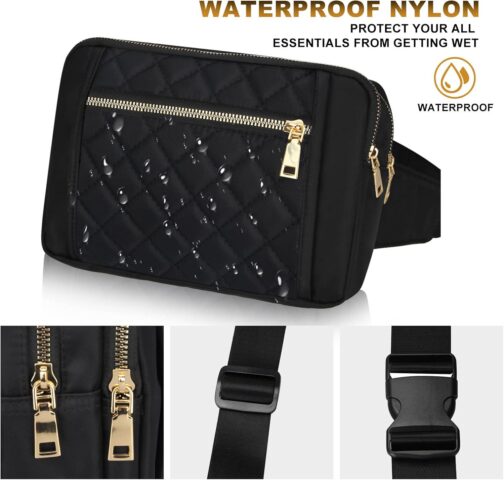 Cute Large Black Fanny Packs for Women Cross Body Waist Bag Nylon Fashionable Fanny Pack Designer Workout Hiking Waist Pack Running Travel Gym Pretty Zipper Fashion Quilted Womens Fanny Pack - Image 2