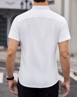 DEMEANOR Mens Banded Collar Dress Shirts Short Sleeve Stretch Collarless Dress Shirts for Men Casual Button Down Shirts