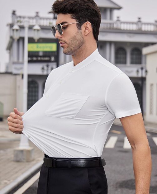 DEMEANOR Mens Banded Collar Dress Shirts Short Sleeve Stretch Collarless Dress Shirts for Men Casual Button Down Shirts - Image 4