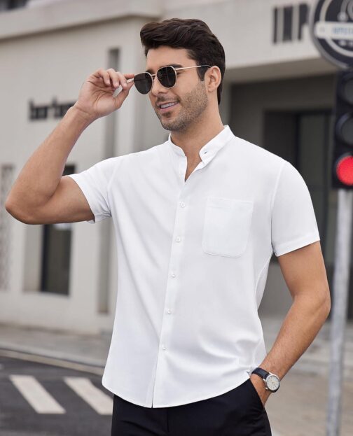 DEMEANOR Mens Banded Collar Dress Shirts Short Sleeve Stretch Collarless Dress Shirts for Men Casual Button Down Shirts - Image 7