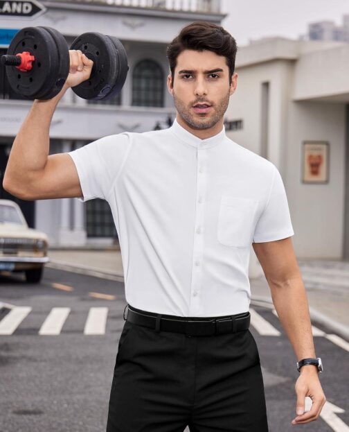 DEMEANOR Mens Banded Collar Dress Shirts Short Sleeve Stretch Collarless Dress Shirts for Men Casual Button Down Shirts - Image 6