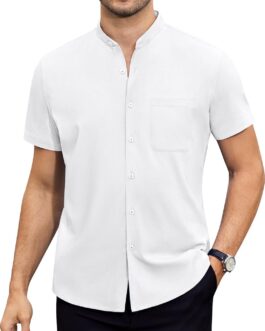 DEMEANOR Mens Banded Collar Dress Shirts Short Sleeve Stretch Collarless Dress Shirts for Men Casual Button Down Shirts