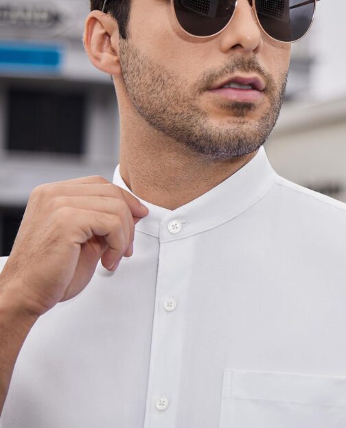 DEMEANOR Mens Banded Collar Dress Shirts Short Sleeve Stretch Collarless Dress Shirts for Men Casual Button Down Shirts - Image 3