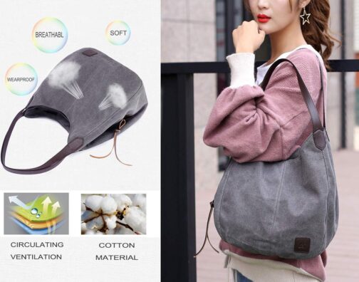DOURR Women's Multi-pocket Shoulder Bag Fashion Cotton Canvas Handbag Tote Purse - Image 5