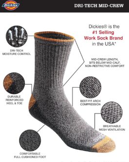 Dickies Men’s Dri-tech Moisture Control Comfort Length Mid-Crew Socks