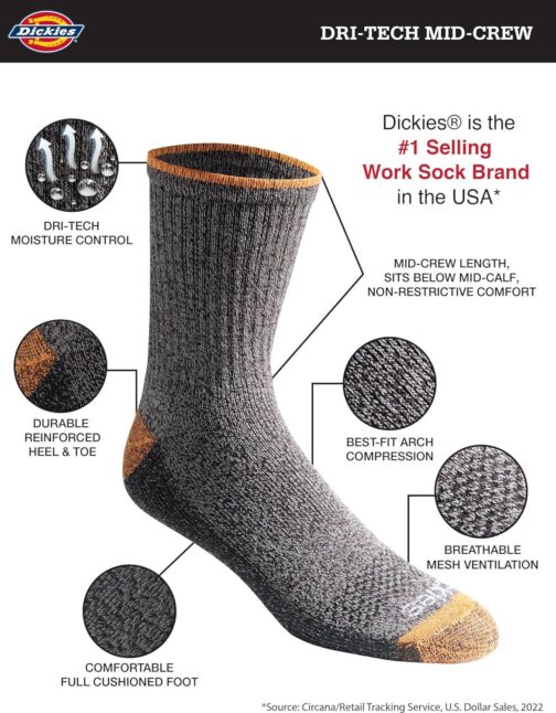 Dickies Men's Dri-tech Moisture Control Comfort Length Mid-Crew Socks - Image 2