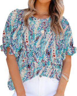 Dokotoo Floral Print Blouses for Women Crewneck Smocked Puff Sleeve Shirts Casual Babydoll Tops
