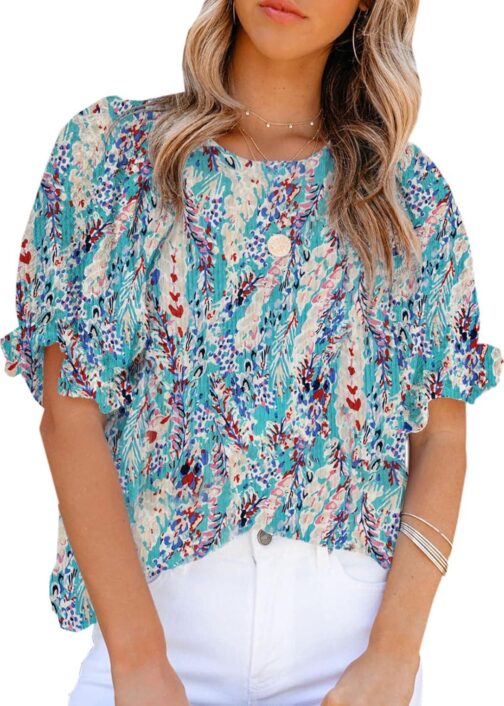 Dokotoo Floral Print Blouses for Women Crewneck Smocked Puff Sleeve Shirts Casual Babydoll Tops