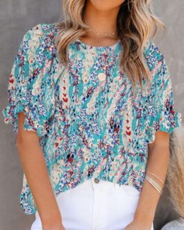 Dokotoo Floral Print Blouses for Women Crewneck Smocked Puff Sleeve Shirts Casual Babydoll Tops