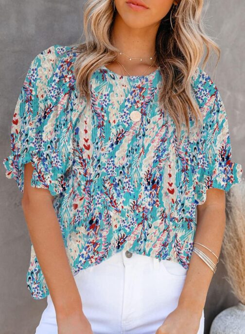 Dokotoo Floral Print Blouses for Women Crewneck Smocked Puff Sleeve Shirts Casual Babydoll Tops - Image 2