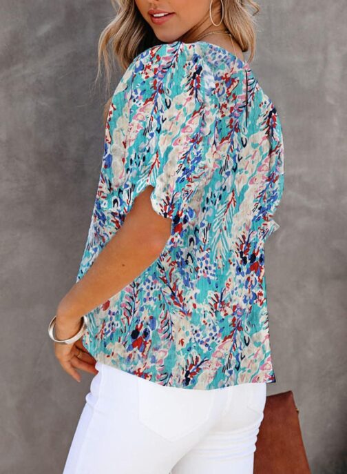 Dokotoo Floral Print Blouses for Women Crewneck Smocked Puff Sleeve Shirts Casual Babydoll Tops - Image 4