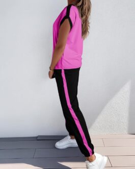Dokotoo Women’s 2 Piece Outfits Sweatsuit Colorblock Comfy Lounge Sets Knit Short Sleeve Jogger Sweatpants Tracksuits