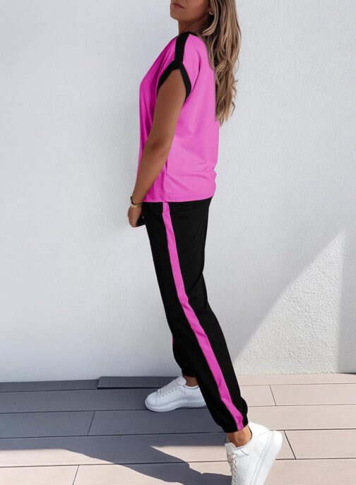 Dokotoo Women's 2 Piece Outfits Sweatsuit Colorblock Comfy Lounge Sets Knit Short Sleeve Jogger Sweatpants Tracksuits - Image 2