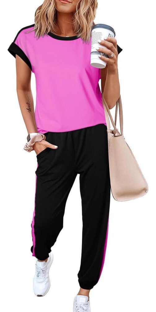 Dokotoo Women's 2 Piece Outfits Sweatsuit Colorblock Comfy Lounge Sets Knit Short Sleeve Jogger Sweatpants Tracksuits