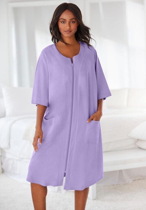 Dreams and Co. Women's Plus Size Short French Terry Zip-Front Robe - Image 6