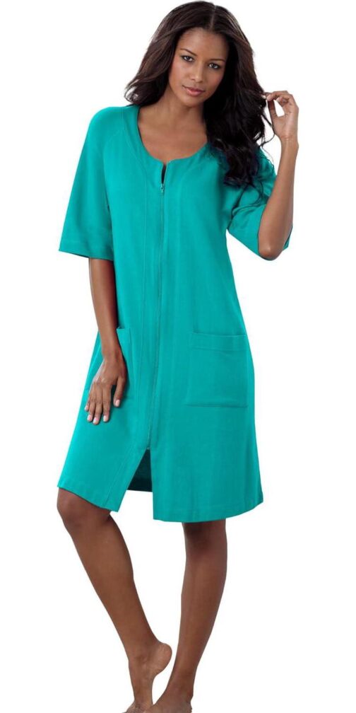Dreams and Co. Women's Plus Size Short French Terry Zip-Front Robe