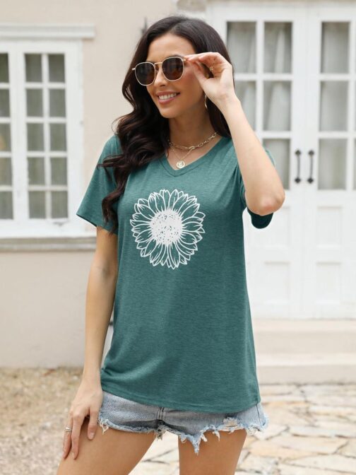 EADINVE Women's Short Sleeve V Neck Sunflower Graphic Printed Summer Tee Vintage T Shirt Cotton Tops Novelty Cool Shirt - Image 3