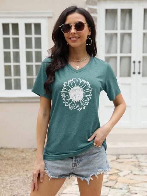 EADINVE Women's Short Sleeve V Neck Sunflower Graphic Printed Summer Tee Vintage T Shirt Cotton Tops Novelty Cool Shirt - Image 4
