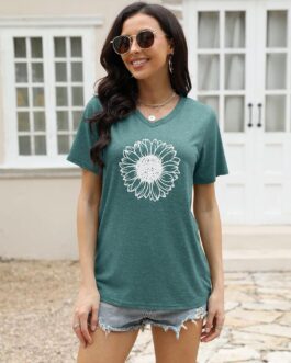 EADINVE Women’s Short Sleeve V Neck Sunflower Graphic Printed Summer Tee Vintage T Shirt Cotton Tops Novelty Cool Shirt