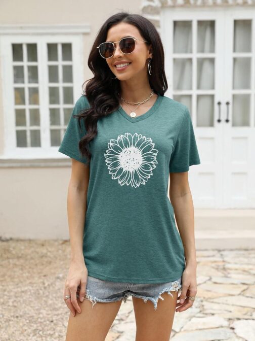 EADINVE Women's Short Sleeve V Neck Sunflower Graphic Printed Summer Tee Vintage T Shirt Cotton Tops Novelty Cool Shirt - Image 2