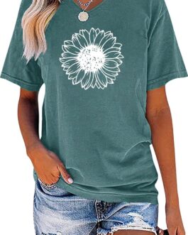 EADINVE Women’s Short Sleeve V Neck Sunflower Graphic Printed Summer Tee Vintage T Shirt Cotton Tops Novelty Cool Shirt