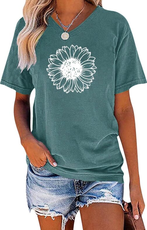 EADINVE Women's Short Sleeve V Neck Sunflower Graphic Printed Summer Tee Vintage T Shirt Cotton Tops Novelty Cool Shirt