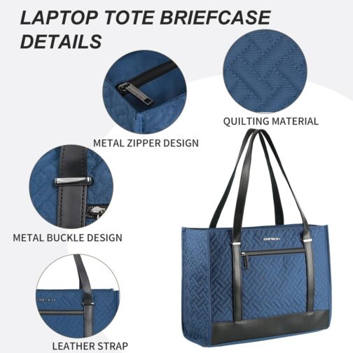 EMPSIGN Laptop Tote bag for women 16 Inch, Stylish Computer Shoulder Tote Bag for Work, Large Capacity Quilted Laptop Briefcase, Waterproof Women Business Office Bag, Quilted Haze Blue - Image 4
